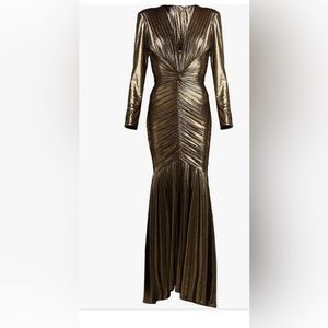 Tadashi Shoji- Ruched Deep V-Neck Gold Metallic Jersey Gown